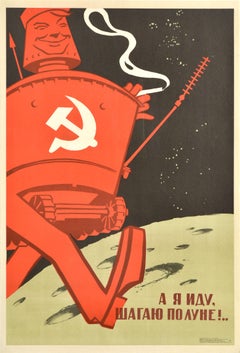 Affiche de propagande soviétique originale vintage Walking On The Moon Lunokhod, URSS