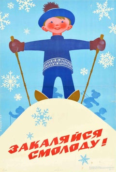 Originales sowjetisches Sport- Health-Poster, Kind, Skifahren, UdSSR, starke, gesunde Kunst
