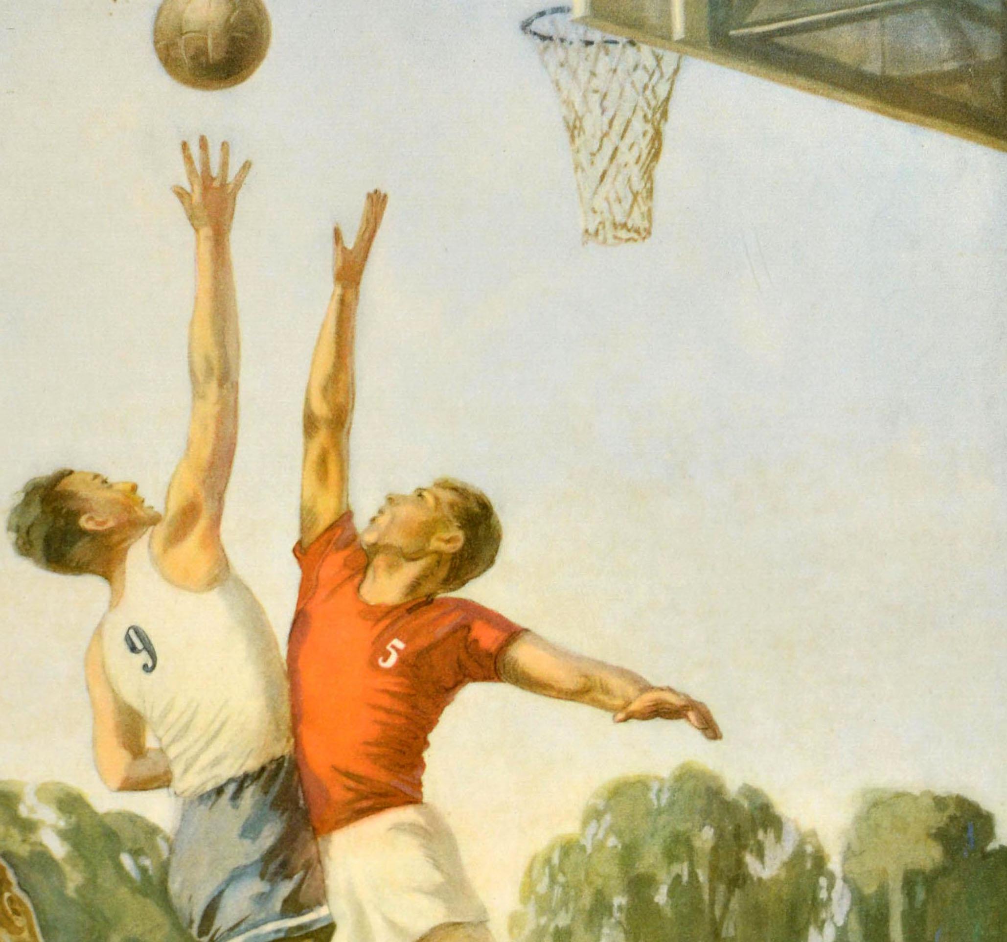 Original Vintage Soviet Sport Poster Basketball Skills USSR Russia Luppov - Beige Print by Unknown