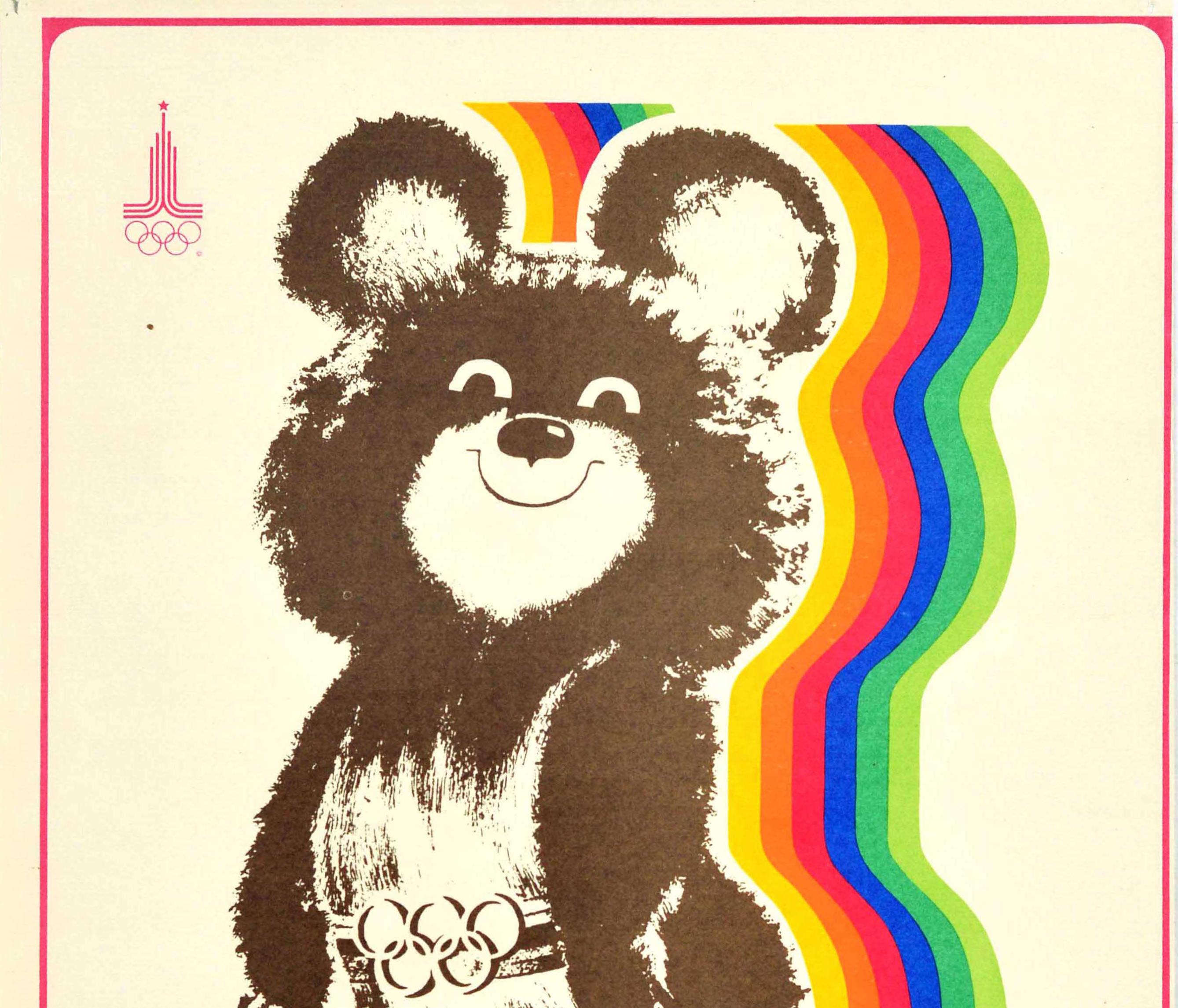 Originales sowjetisches Vintage-Sportplakat Moskauer Olympische Spiele 1980, Misha Bear Mascot (Gelb), Print, von Unknown