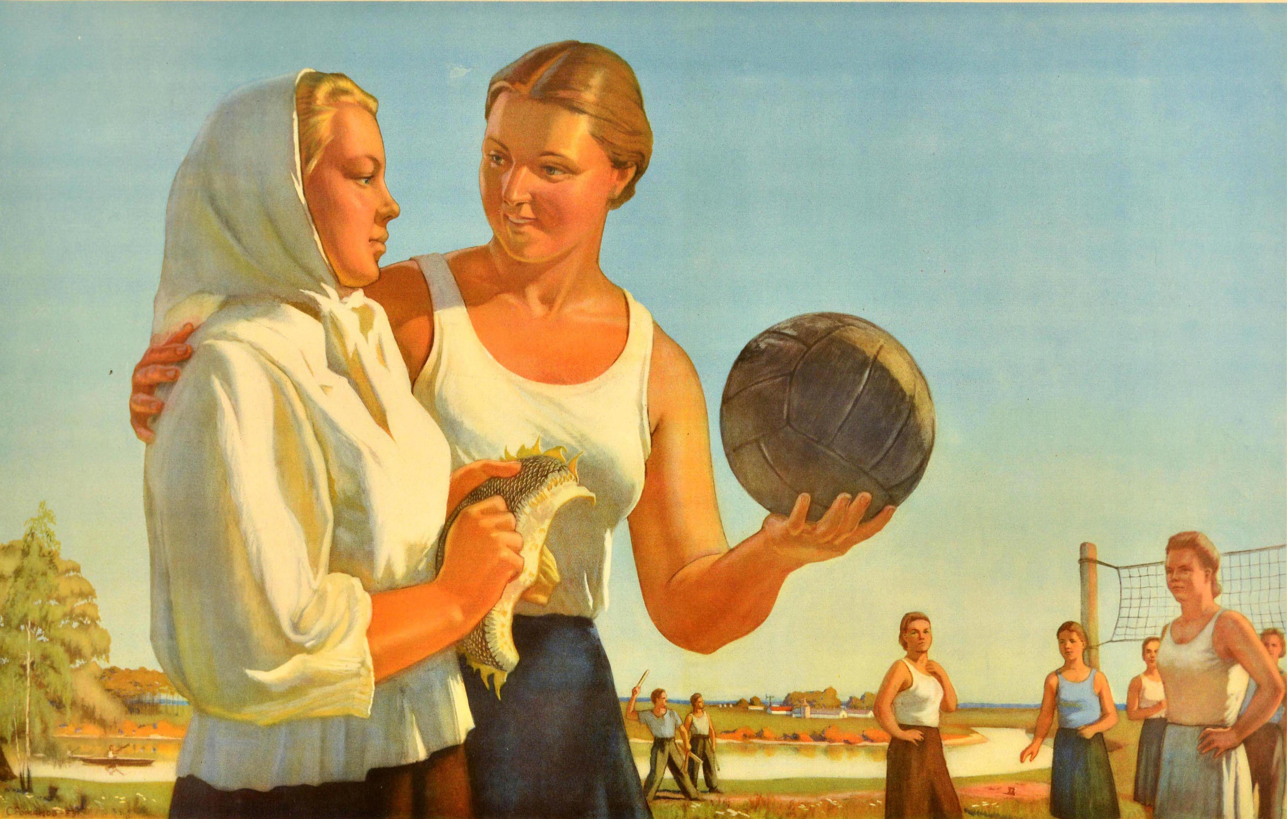 Affiche de sport soviétique vintage originale « Spend Time Doing Sports », Volleyball, URSS - Print de Unknown