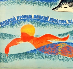 Original Vintage Soviet Sport Poster Swimming With Dolphin USSR Sea Design Art