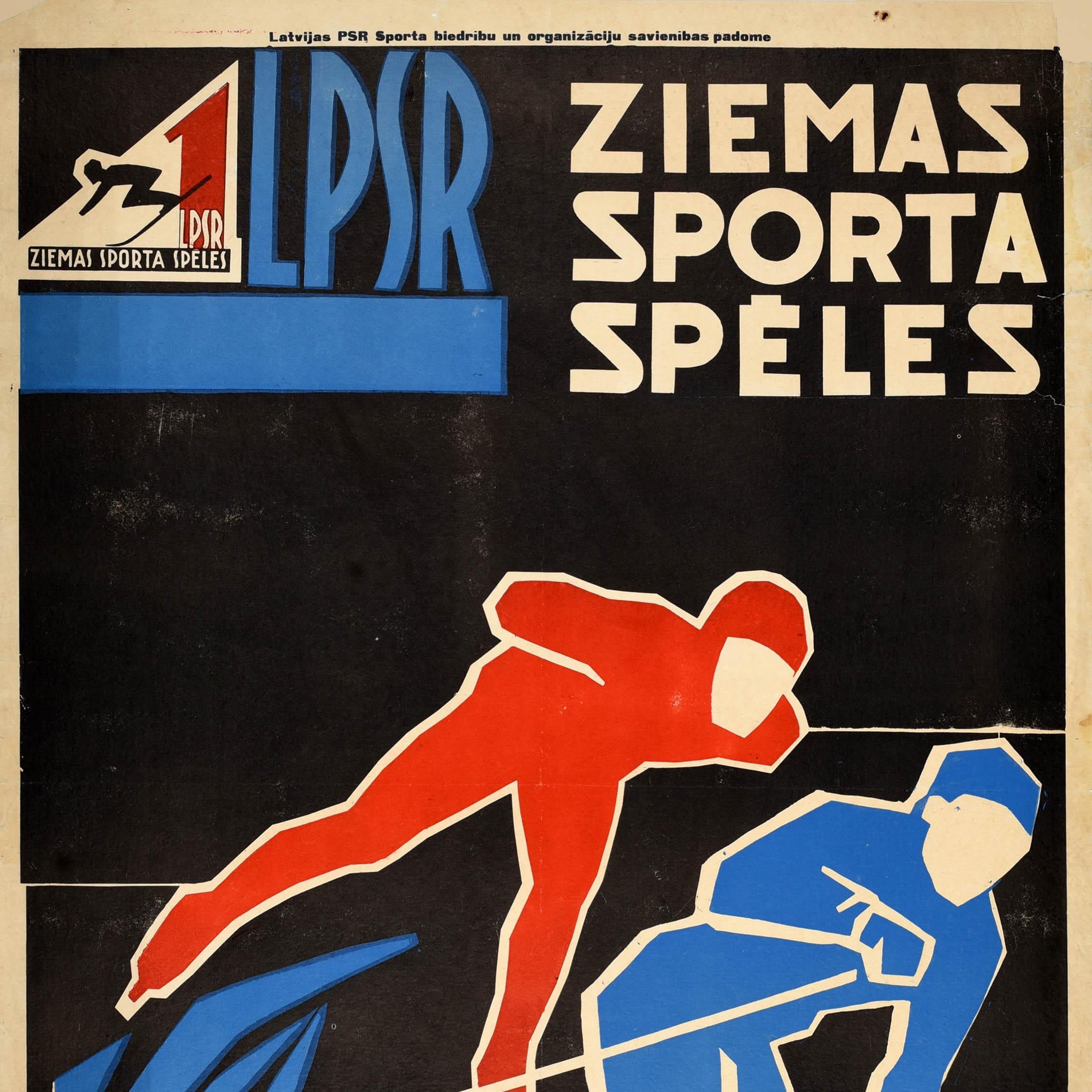 Original vintage sport poster for the Winter Sports Games in Latvia / LSPR Ziemas Sporta Speles issued by The Union of Sports Associations and Organisations of the Latvian SSR featuring a great graphic design depicting an ice skater in red leaning