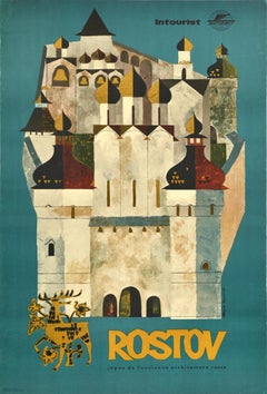 Affiche publicitaire originale de voyage soviétique vintage Rostov, URSS, Intourist Kremlin
