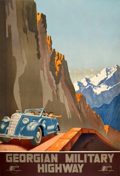 Affiche rétro originale de voyage soviétique géorgienne, route militaire, tourisme, URSS