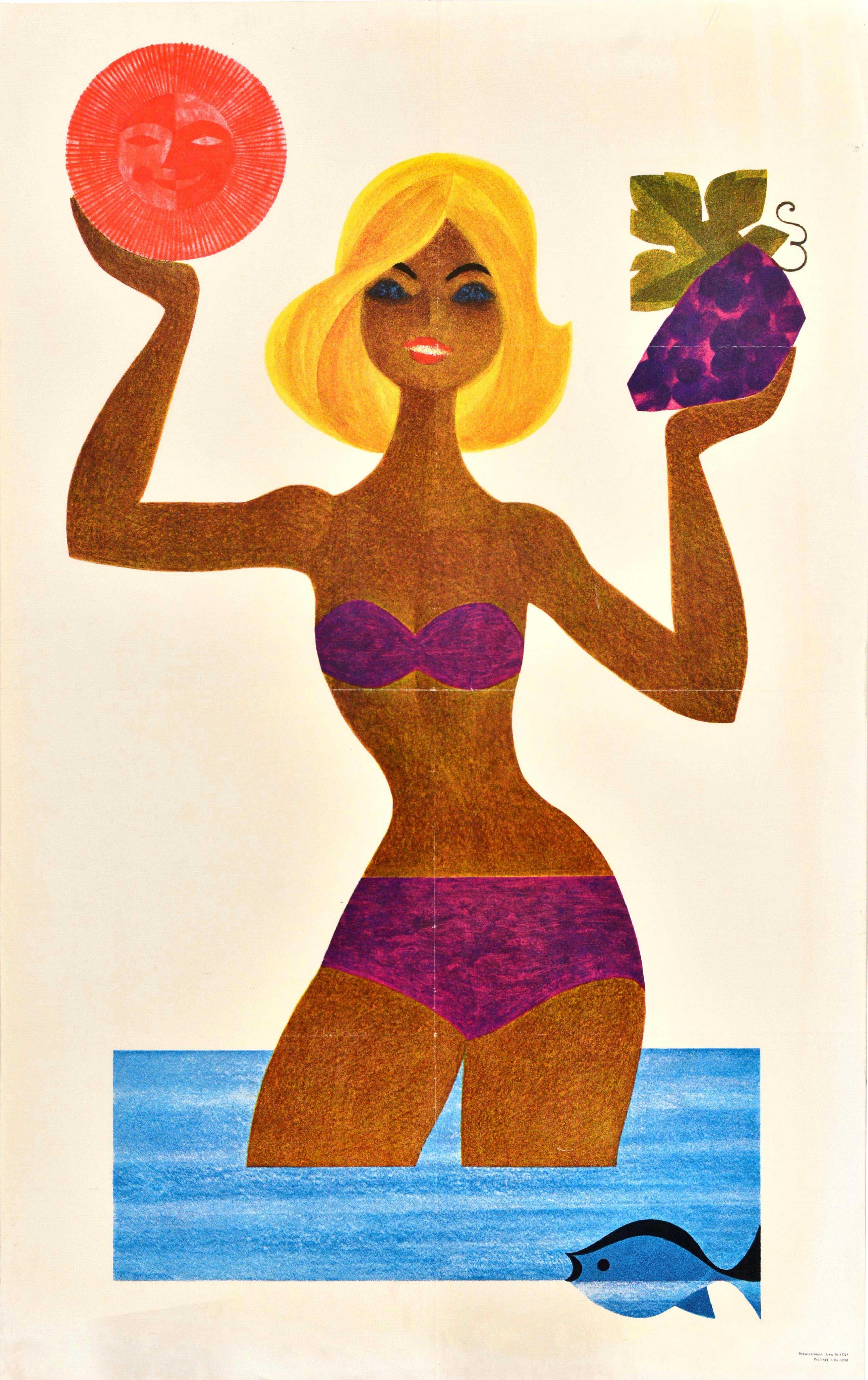 Unknown Print - Original Vintage Soviet Travel Poster Intourist Yalta Sochi USSR Bikini Beach