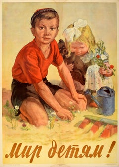 Affiche vintage originale de propagande contre la guerre soviétique, Paix aux enfants, URSS