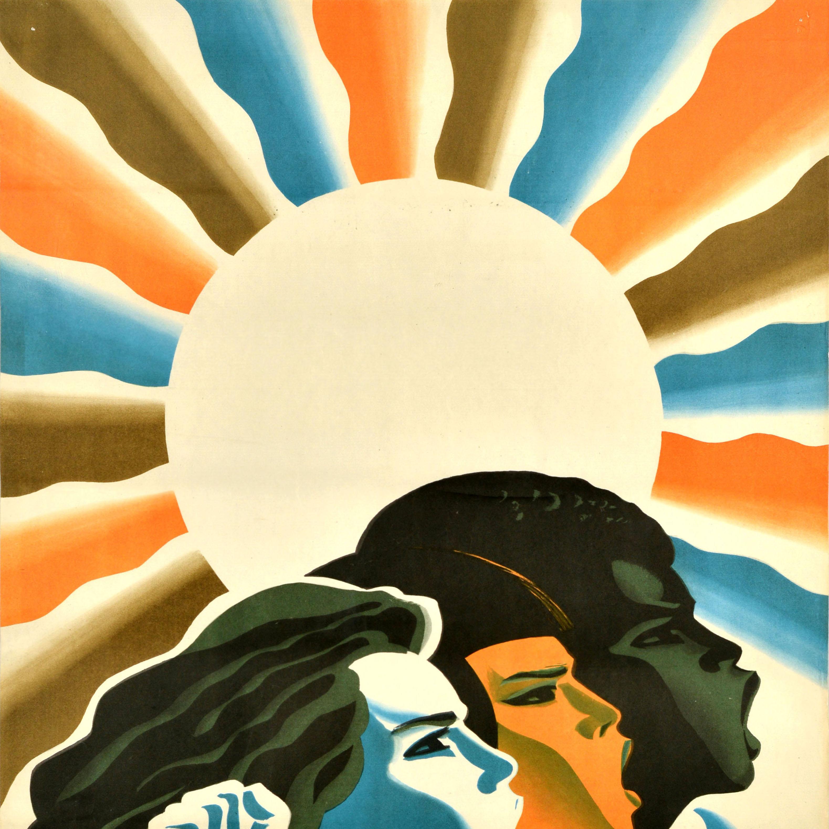 Original vintage Soviet propaganda poster - For the solidarity of women of the world / За солидарность женщин мира! - featuring an image of three ladies representing different countries shouting for women's rights and equality in front of the sun