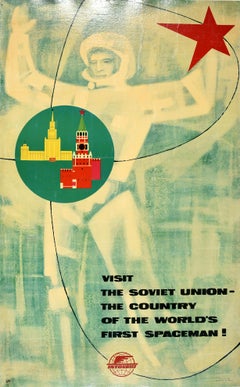 Poster di viaggio originale dell'Unione Sovietica d'epoca Intourist Spaceman USSR Kremlin