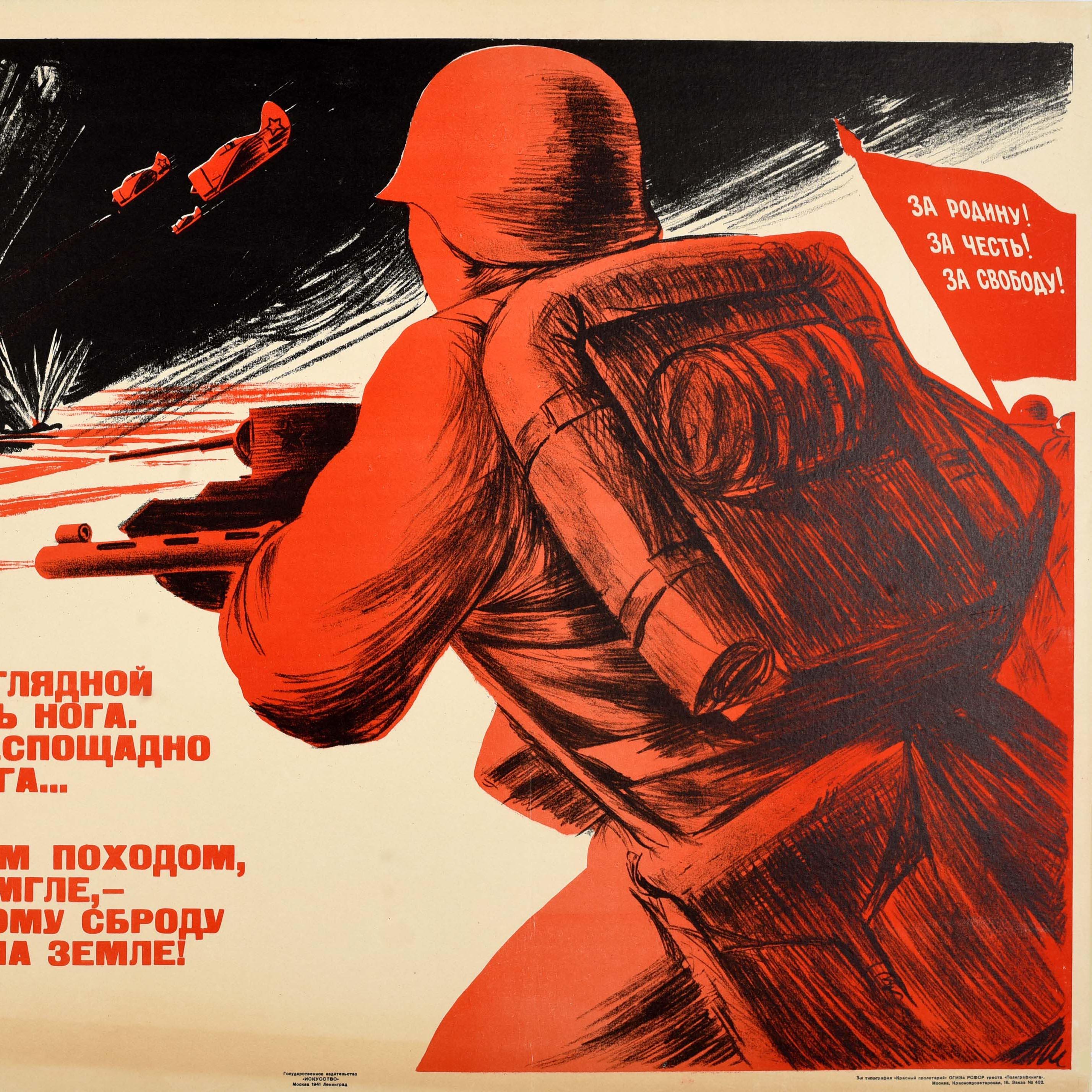 Originales sowjetisches Propagandaplakat aus dem Zweiten Weltkrieg - Unser Land wurde vom unendlichen Feind heimgesucht Wir werden die dunklen Kräfte des Feindes gnadenlos zerschlagen ... Lasst uns eine schreckliche Kampagne führen und ein Licht in