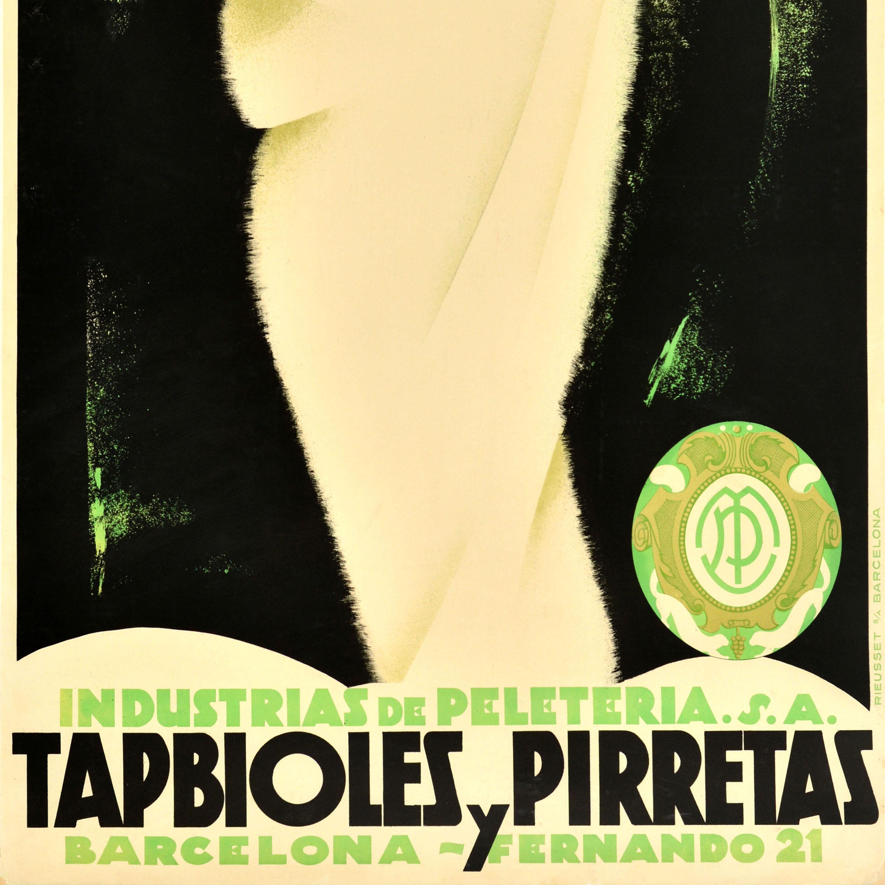 Original vintage Spanish clothing advertising poster - Industrias de Peleteria Tapbioles y Pirretas Fur Industry Barcelona - featuring an elegant Art Deco design by the Czech artist Karel Cerny (1910-1960) depicting a fashionably dressed lady in