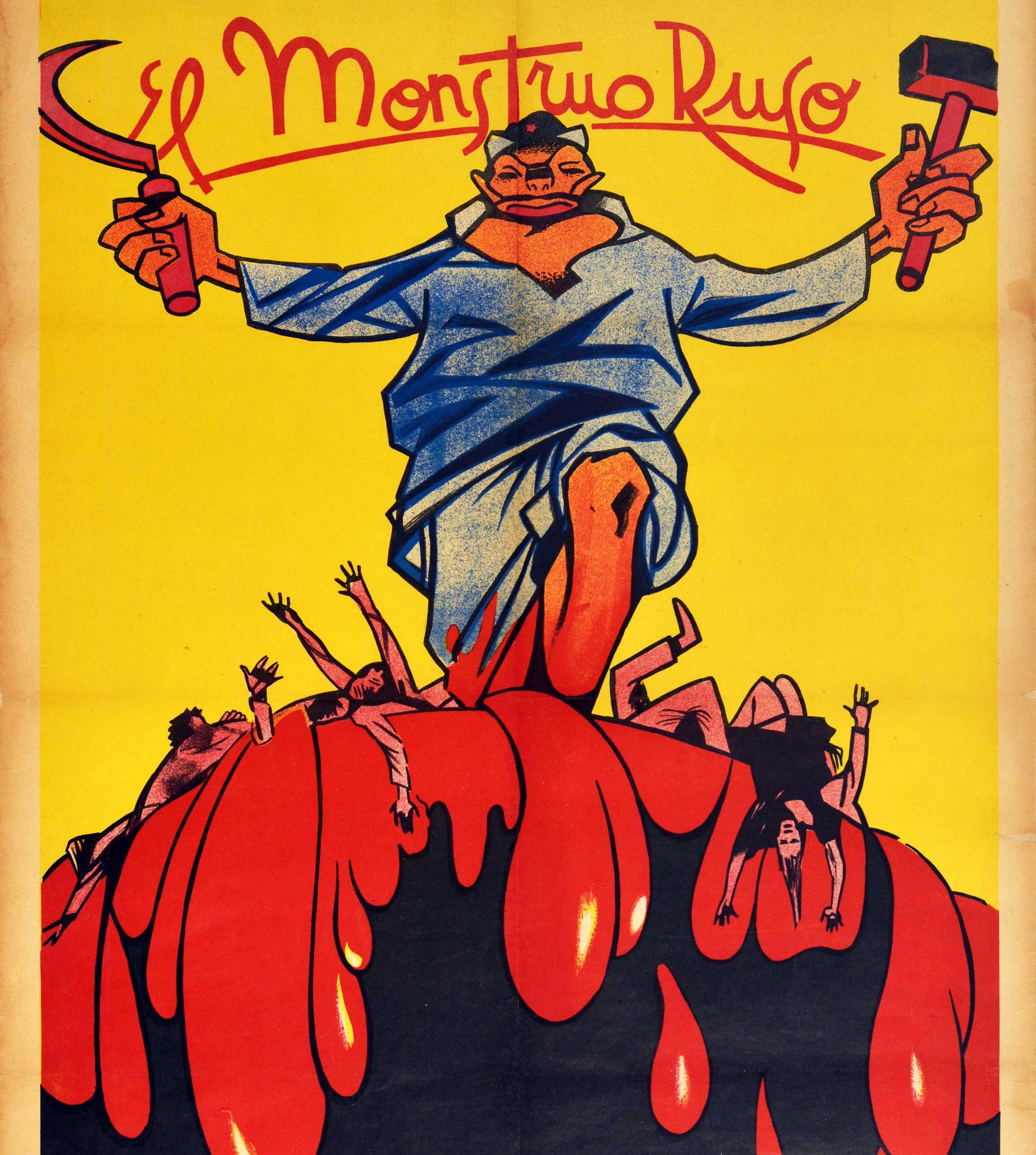 Originales antikommunistisches Propagandaplakat aus der Zeit des Spanischen Bürgerkriegs - El Monstruo Ruso / Das russische Ungeheuer - mit einer grotesken Figur, die einen Hut mit einem roten kommunistischen Stern trägt und in jeder Hand einen