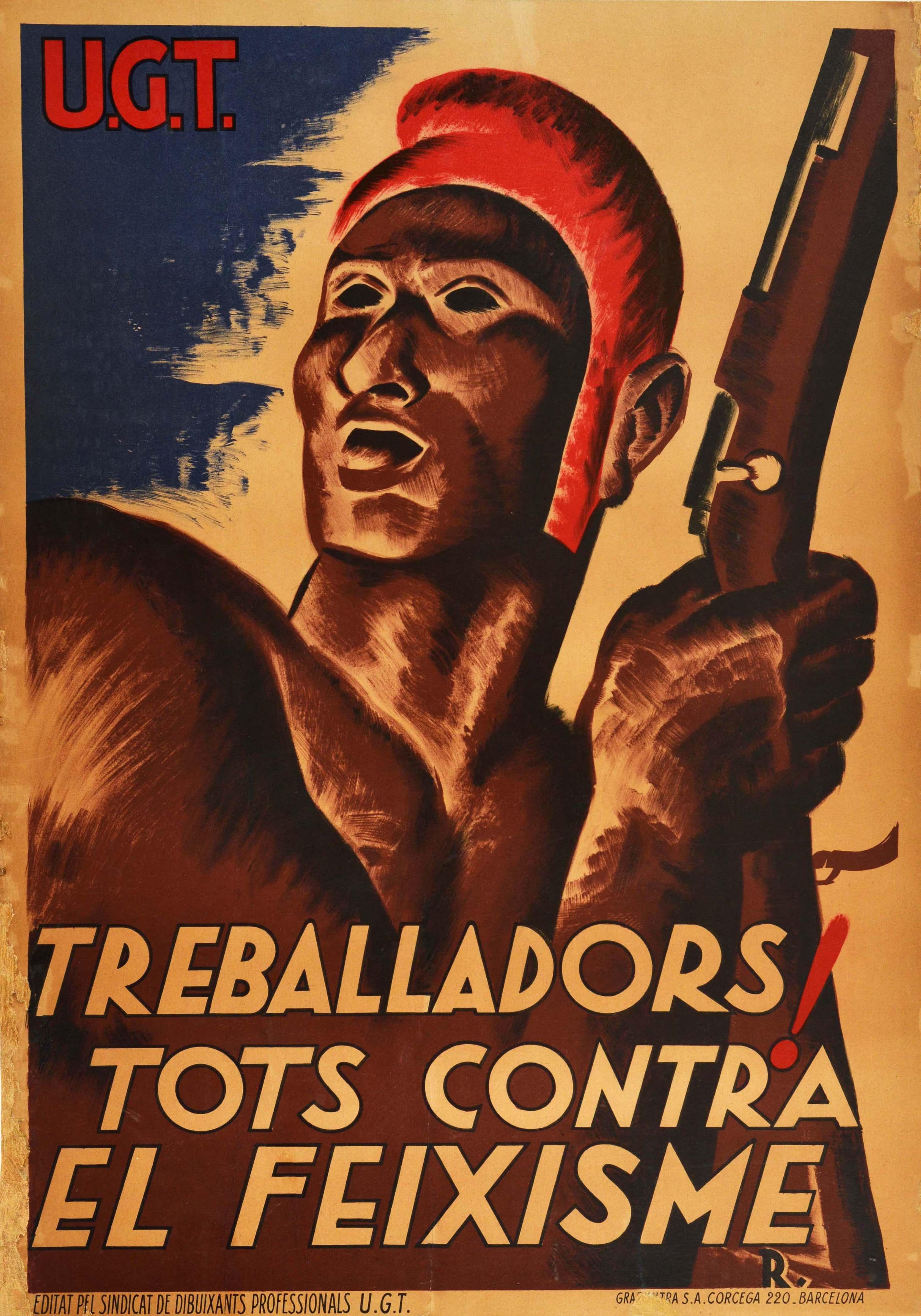 Print de Unknown - Cartel Vintage Original de la Guerra Civil Española ¡Treballadors! Trabajadores contra el fascismo