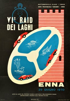 Original Vintage Sport Event Poster Raid Dei Laghi Enna Sicily Automobile Club 