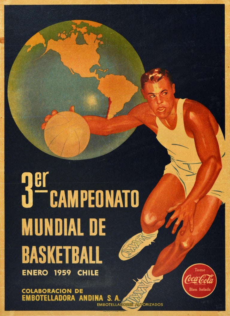 Unknown - Original Vintage Sport Poster 3rd World Basketball Championship  Chile Coca Cola at 1stDibs