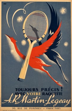 Affiche rétro originale de sport Andre Martin Legeay, Raquette de tennis, Dessin d'une grue
