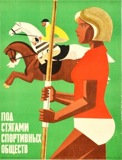 Original Retro Sport Poster Athletics Equestrian Events Javelin Horse Riding