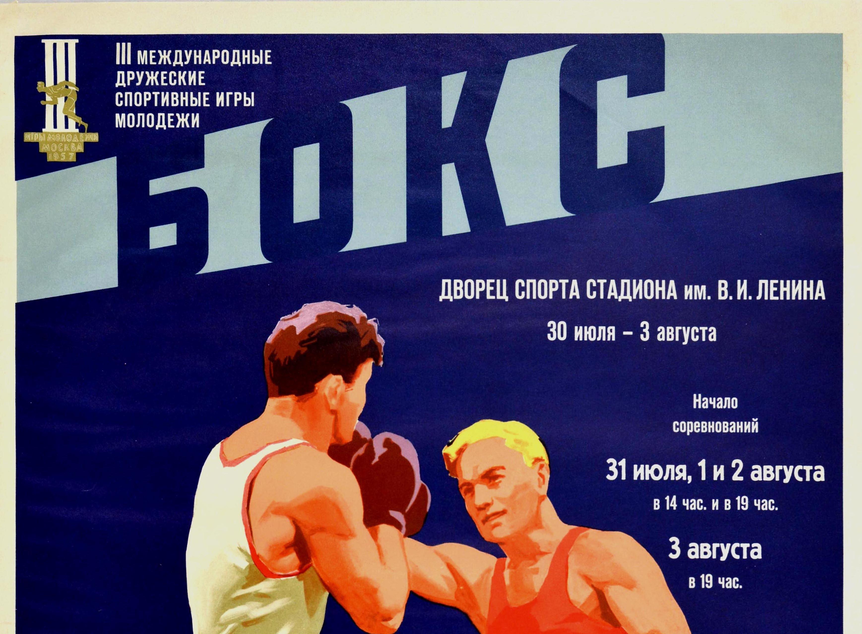Poster sportivo originale d'epoca Boxe Amicizia Internazionale Mosca Giochi della Gioventù - Print di Unknown