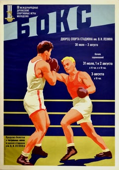 Poster sportivo originale d'epoca Boxe Amicizia Internazionale Mosca Giochi della Gioventù