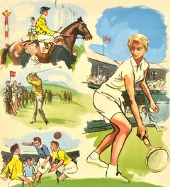 Original Vintage Sport Poster Britain Land of Sport Tennis Horse Racing Golf