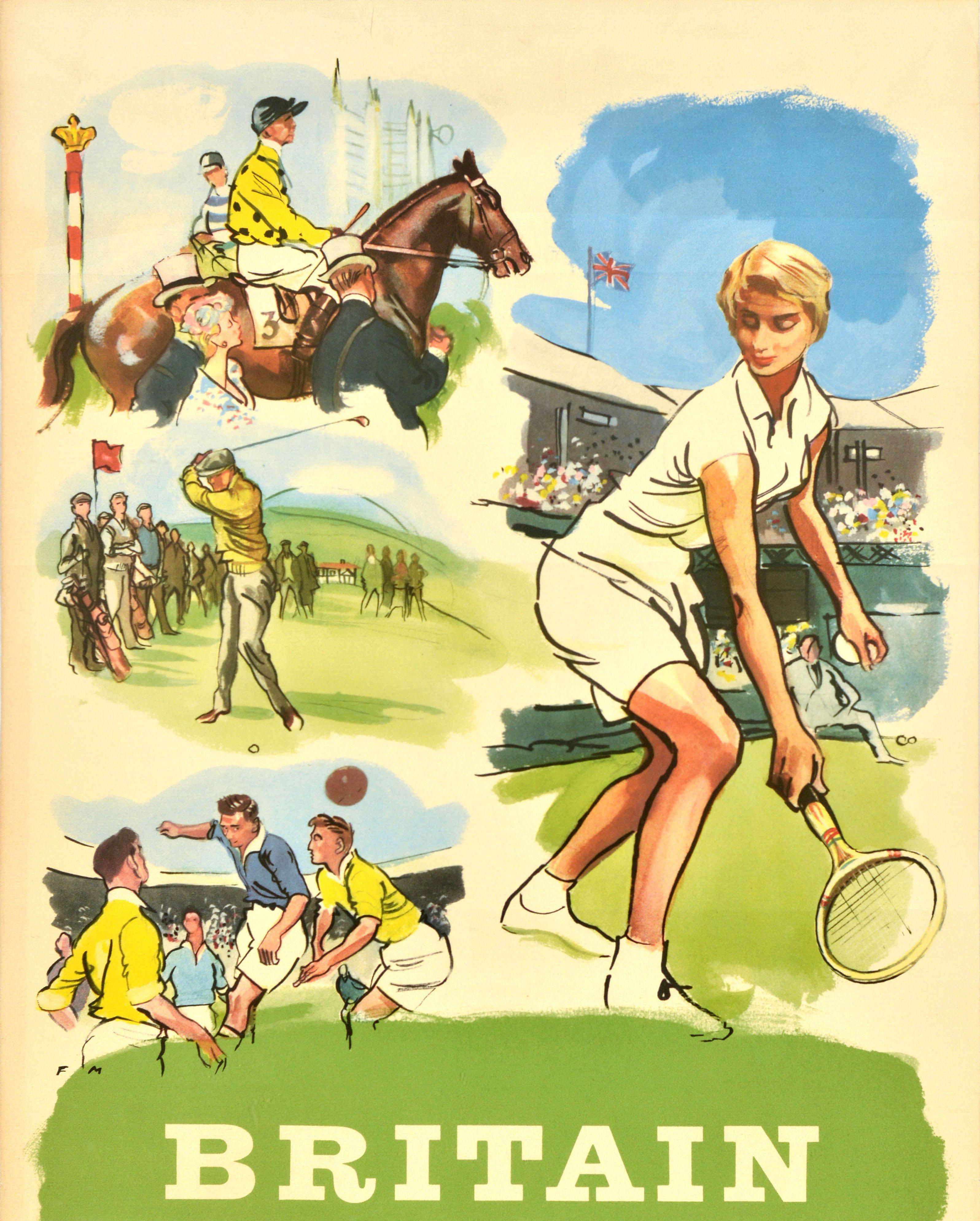 Affiche de sport vintage originale Grande-Bretagne, Pays de sport, Tennis, Course de chevaux et de golf - Beige Print par Unknown