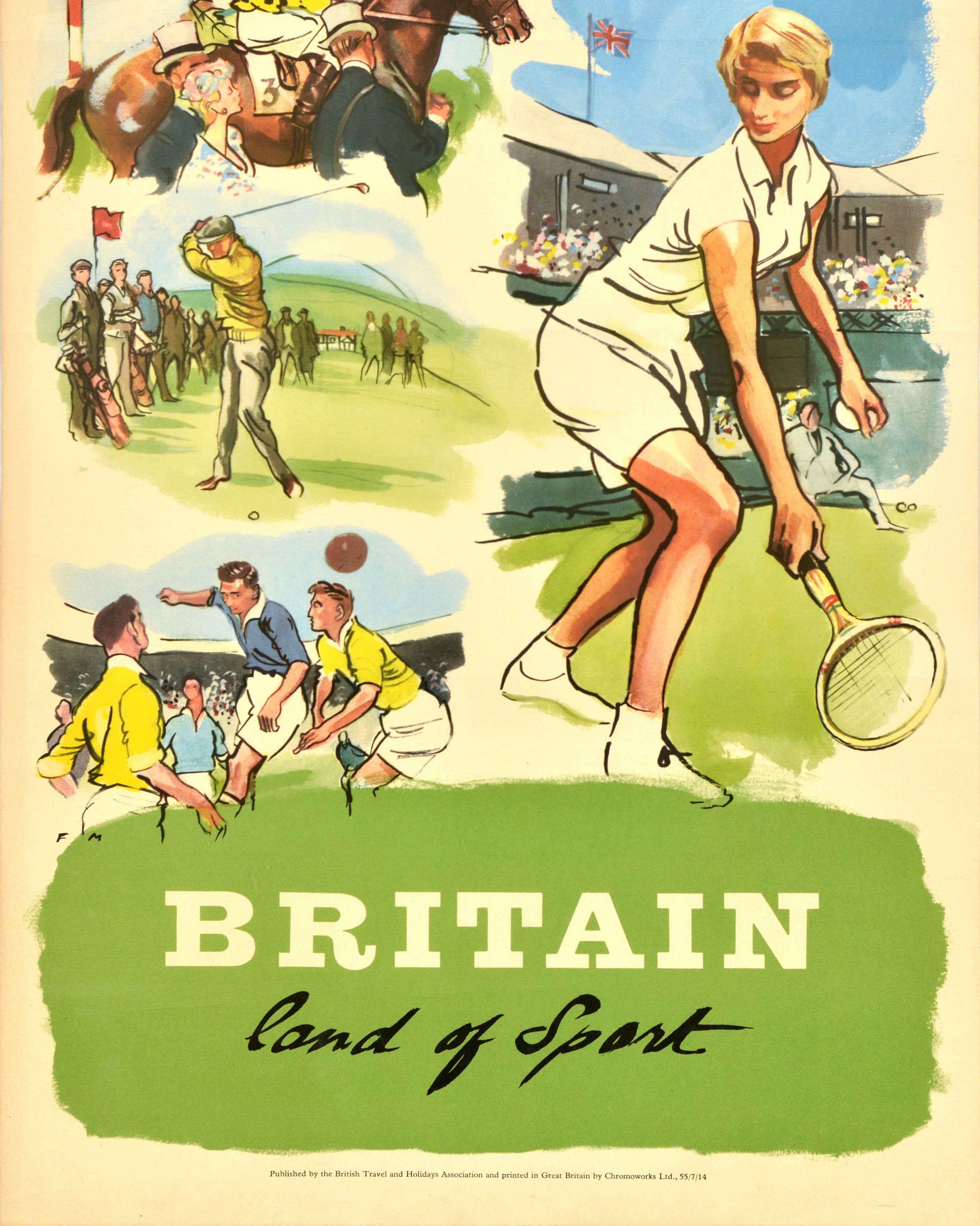 Affiche de voyage vintage originale sur le thème du sport, représentant d'un côté une dame jouant au tennis à Wimbledon, avec un Union Jack flottant au-dessus des spectateurs dans la tribune, et de l'autre côté trois images sportives représentant un
