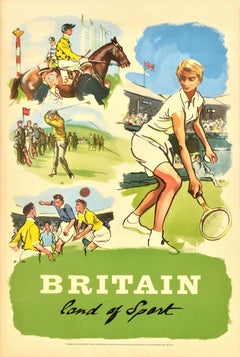 Original Vintage Sport Poster Britain Land of Sport Tennis Horse Racing Golf