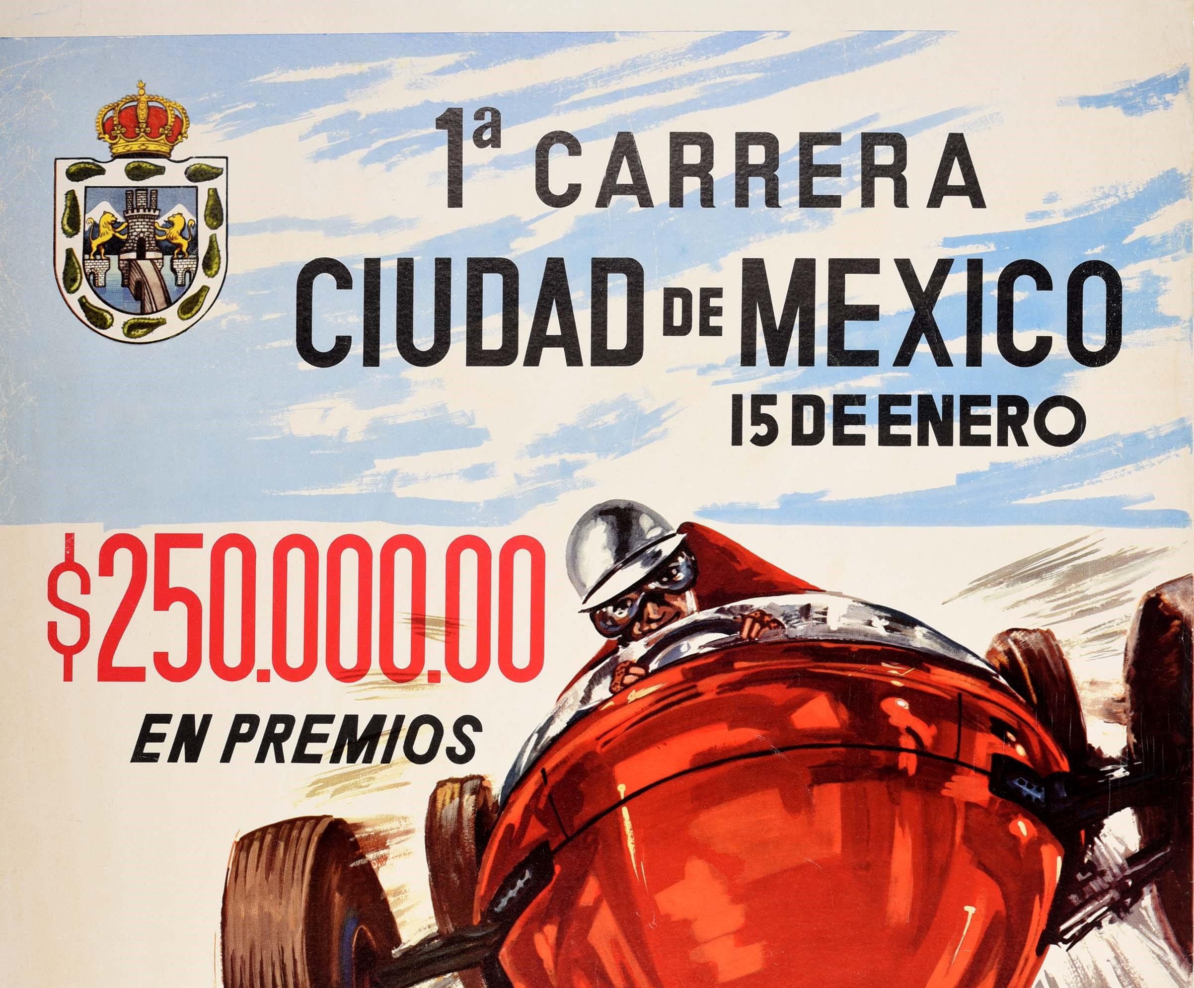 Original Vintage Sport Poster Carrera Ciudad De Mexico Grand Prix Car Racing Art - Print by Unknown