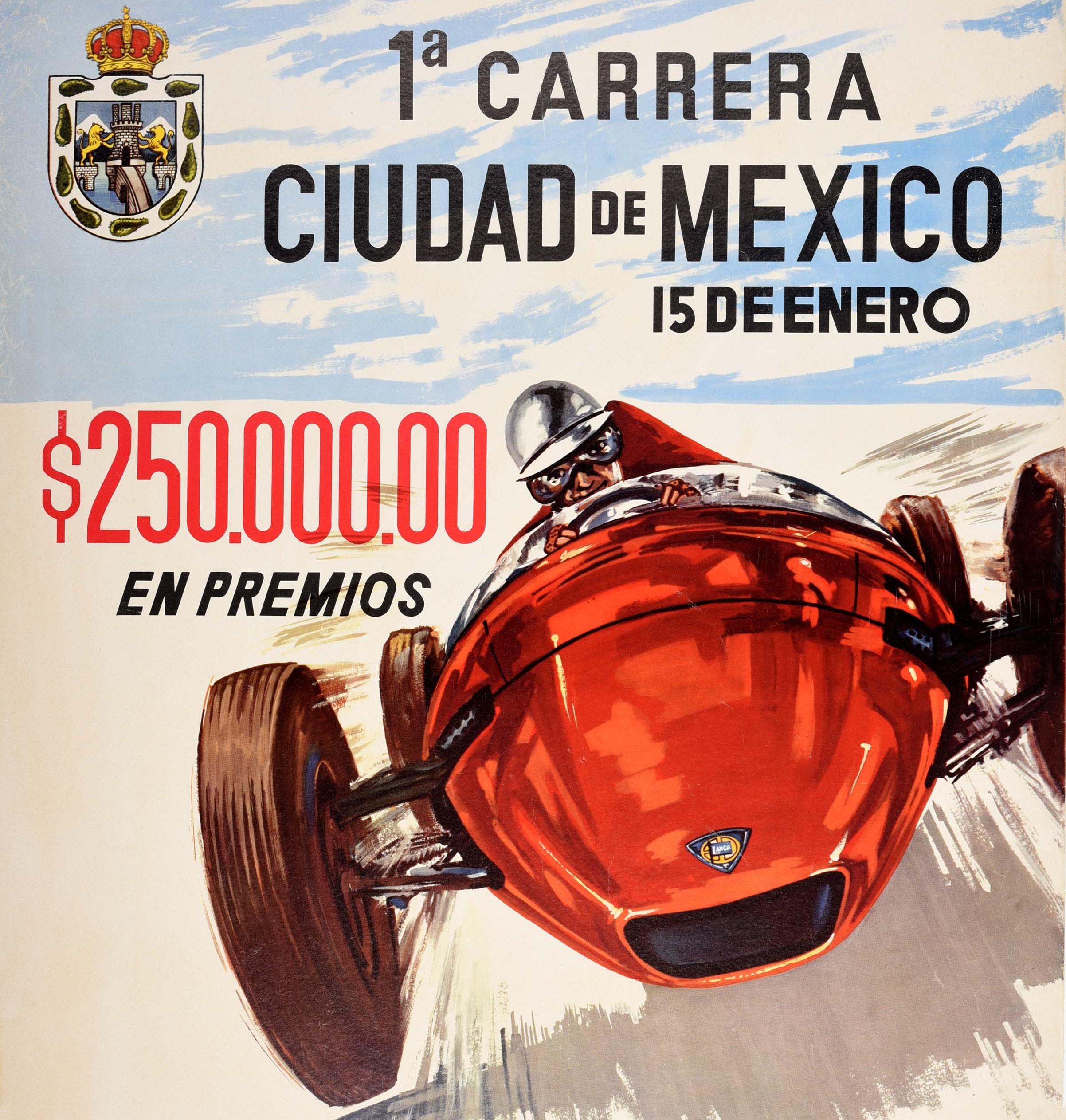 Original vintage motorsport poster for the 1a Carrera Ciudad de Mexico 15 de Enero / 1st Mexico City Race on 15 January featuring a dynamic design showing a driver in a helmet and goggles racing a classic car at speed towards the viewer with the