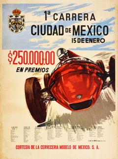 Original Vintage Sport Poster Carrera Ciudad De Mexico Grand Prix Car Racing Art