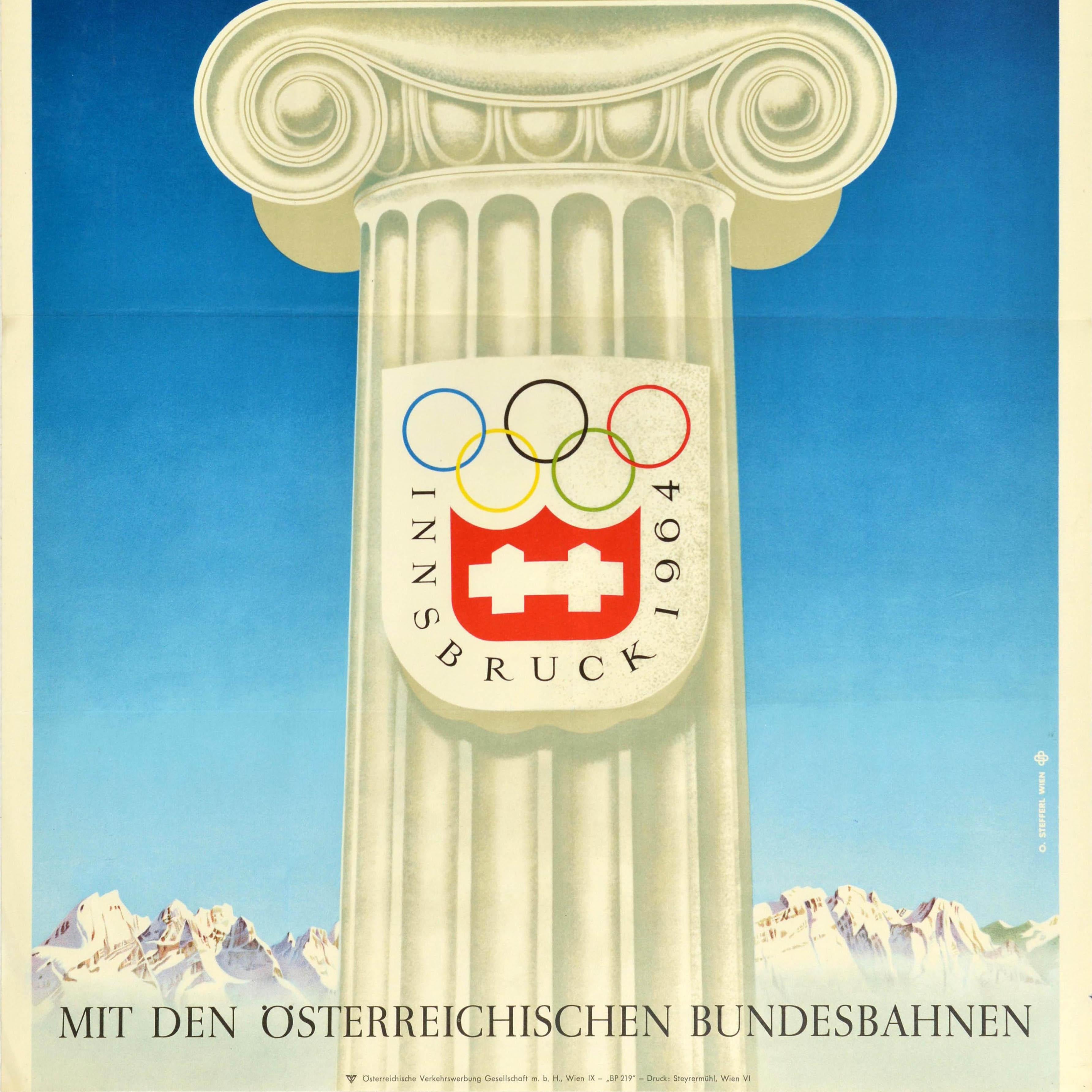 Original vintage sport poster - To the Winter Olympics with Austrian Railways / Zur Winter Olympiade Mit den Osterreichischen Bundesbahnen - featuring an image of the Innsbruck 1964 Winter Olympic Games logo on a column towering above snowy mountain