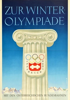 Poster sportivo originale d'epoca Innsbruck Giochi Olimpici Invernali Ferrovia Austriaca
