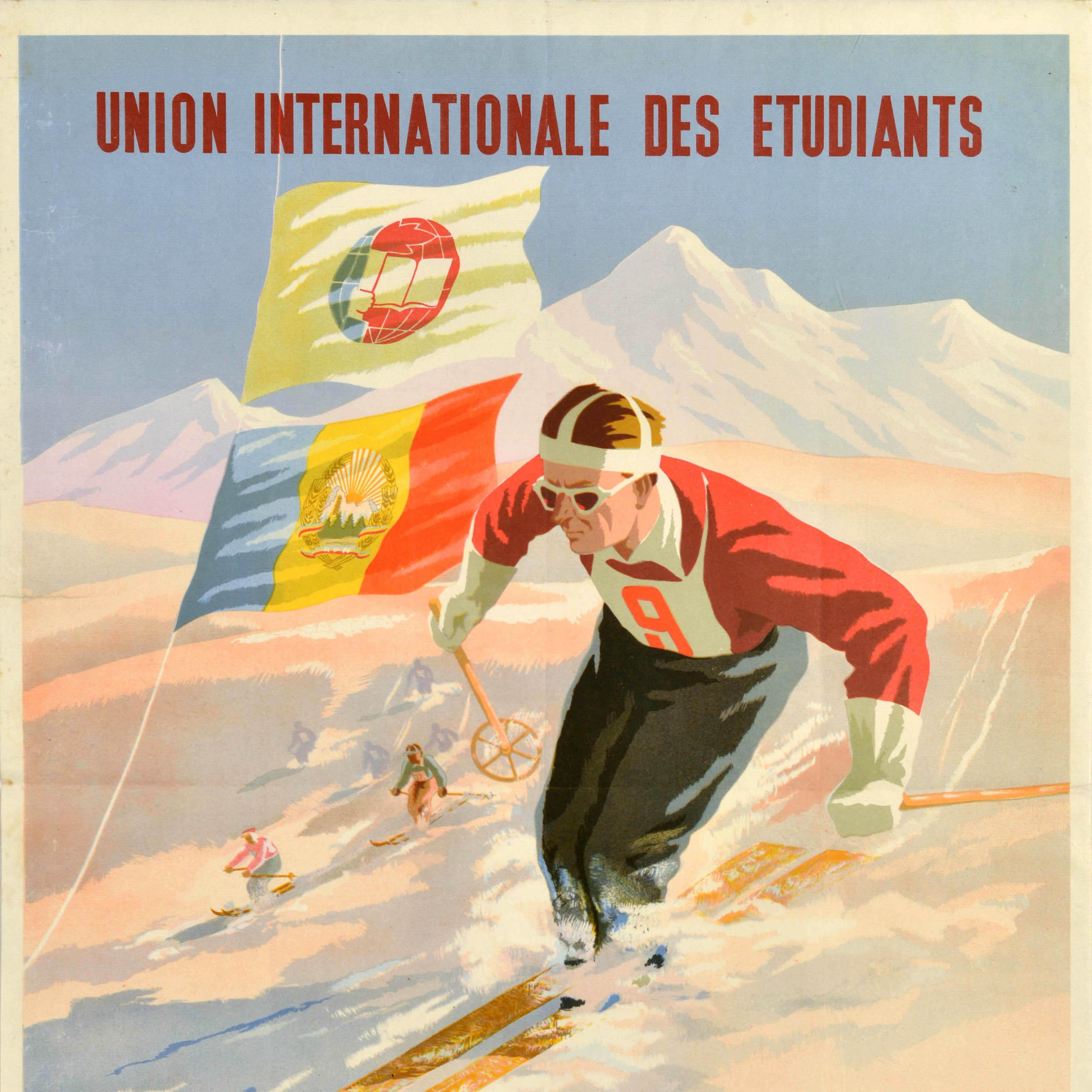 Poster sportivo originale d'epoca IX Giochi Mondiali Universitari Invernali Pioana Romania - Print Beige di Unknown