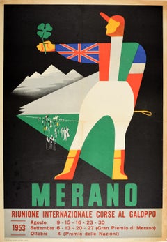 Poster sportivo originale d'epoca Merano Corse Al Galoppo Italia Galoppo Ippico