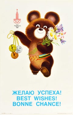 Original Vintage-Sportplakat Moskau Olympische Spiele Misha Bear Best Wishes! Viel Glück