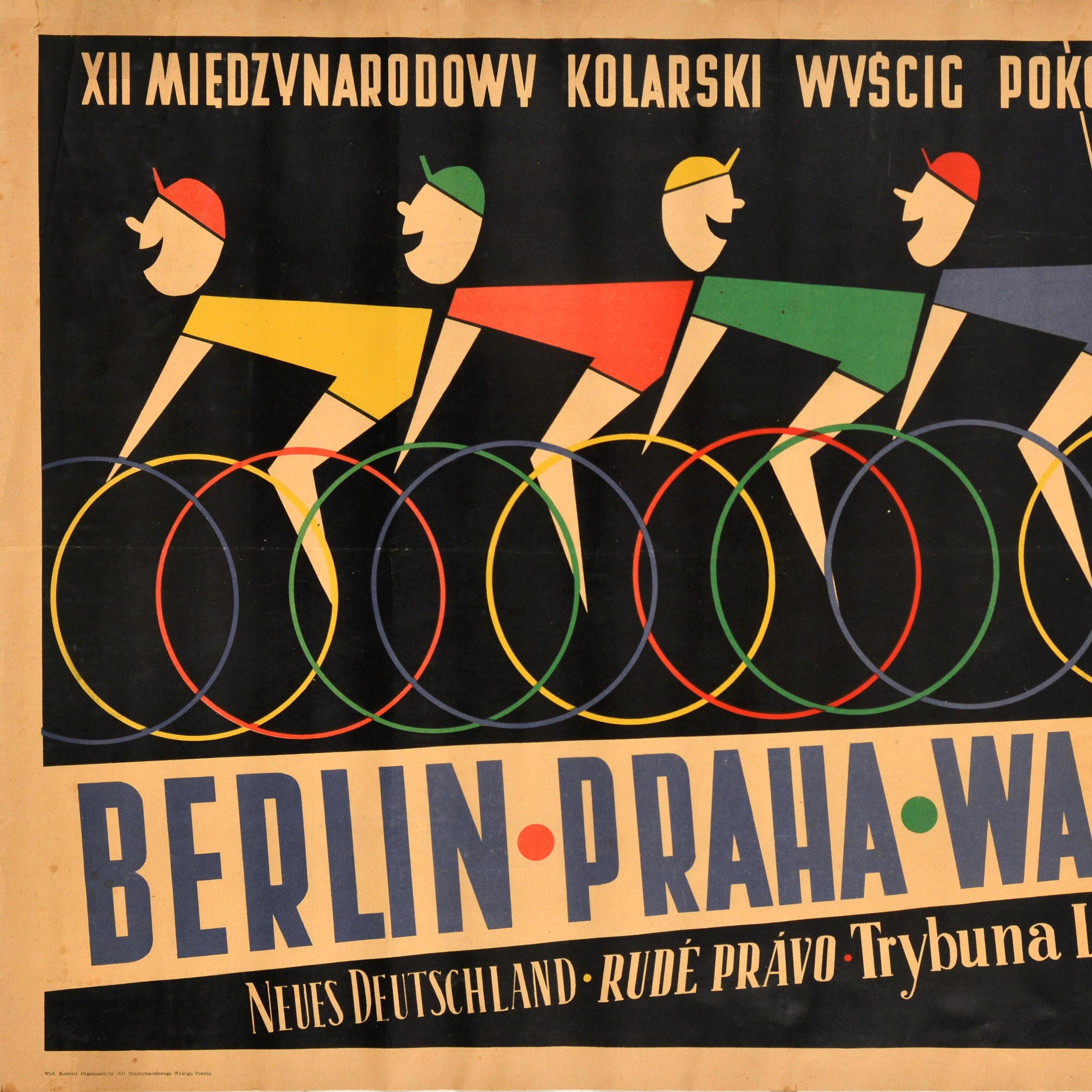 Original vintage poster for the 1959 Eastern Europe cycling Peace Race - XII Miedzvnarodowy Kolarski Wvscig Pokoju Berlin Praha Warzsawa - held from 2-16 May 1959 on the Berlin to Prague and Warsaw route featuring a colourful stylised illustration