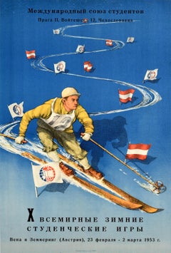 Original Vintage Sport Poster Ski Austria World Winter Student Games Prague
