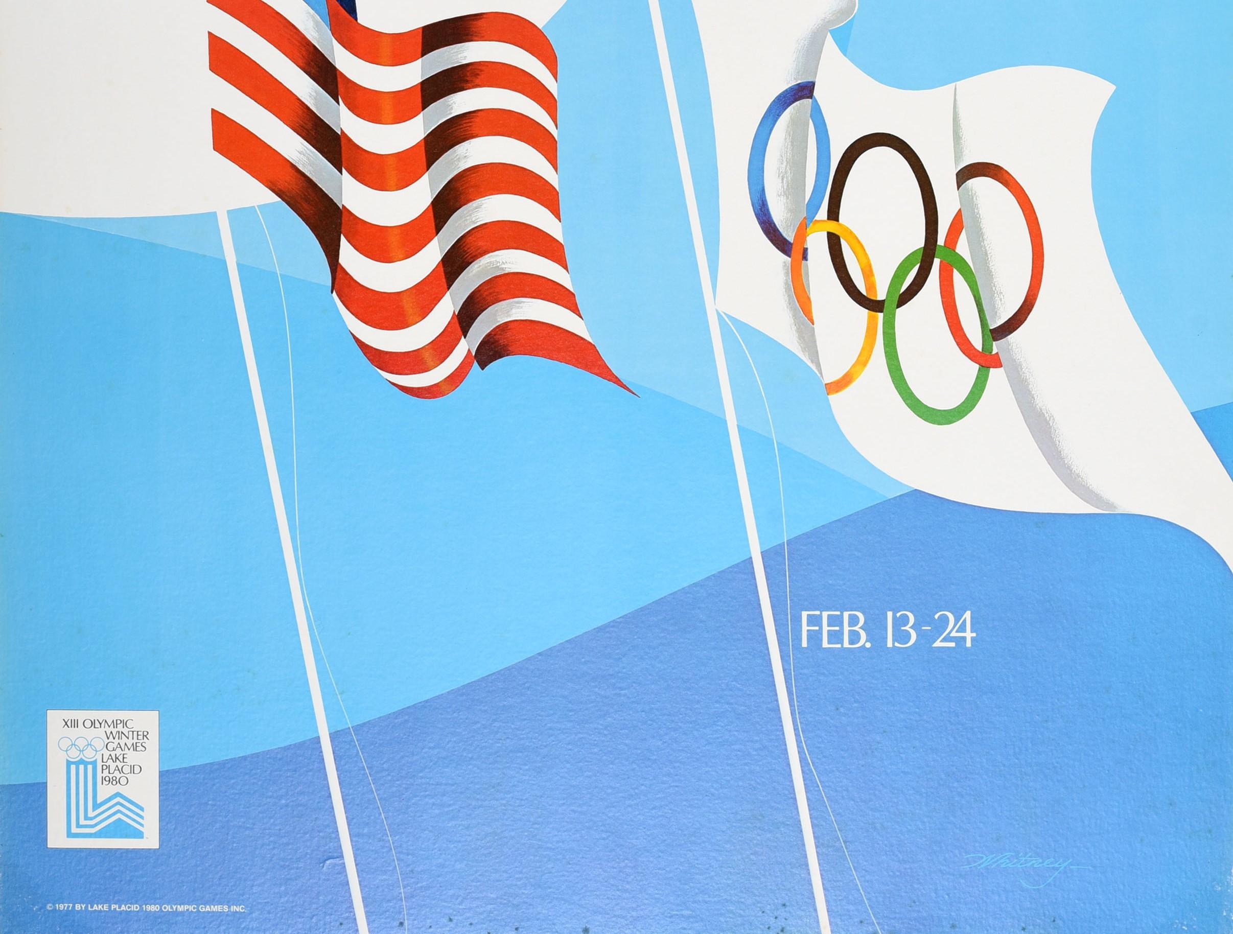 Poster sportivo originale d'epoca XIII Giochi Olimpici Invernali Lake Placid 1980 America - Print Blu di Unknown