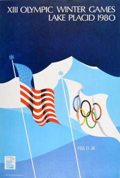 Poster sportivo originale d'epoca XIII Giochi Olimpici Invernali Lake Placid 1980 America