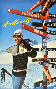 Affiche rétro originale de voyage, St Moritz, Ski, Suisse, piste de course