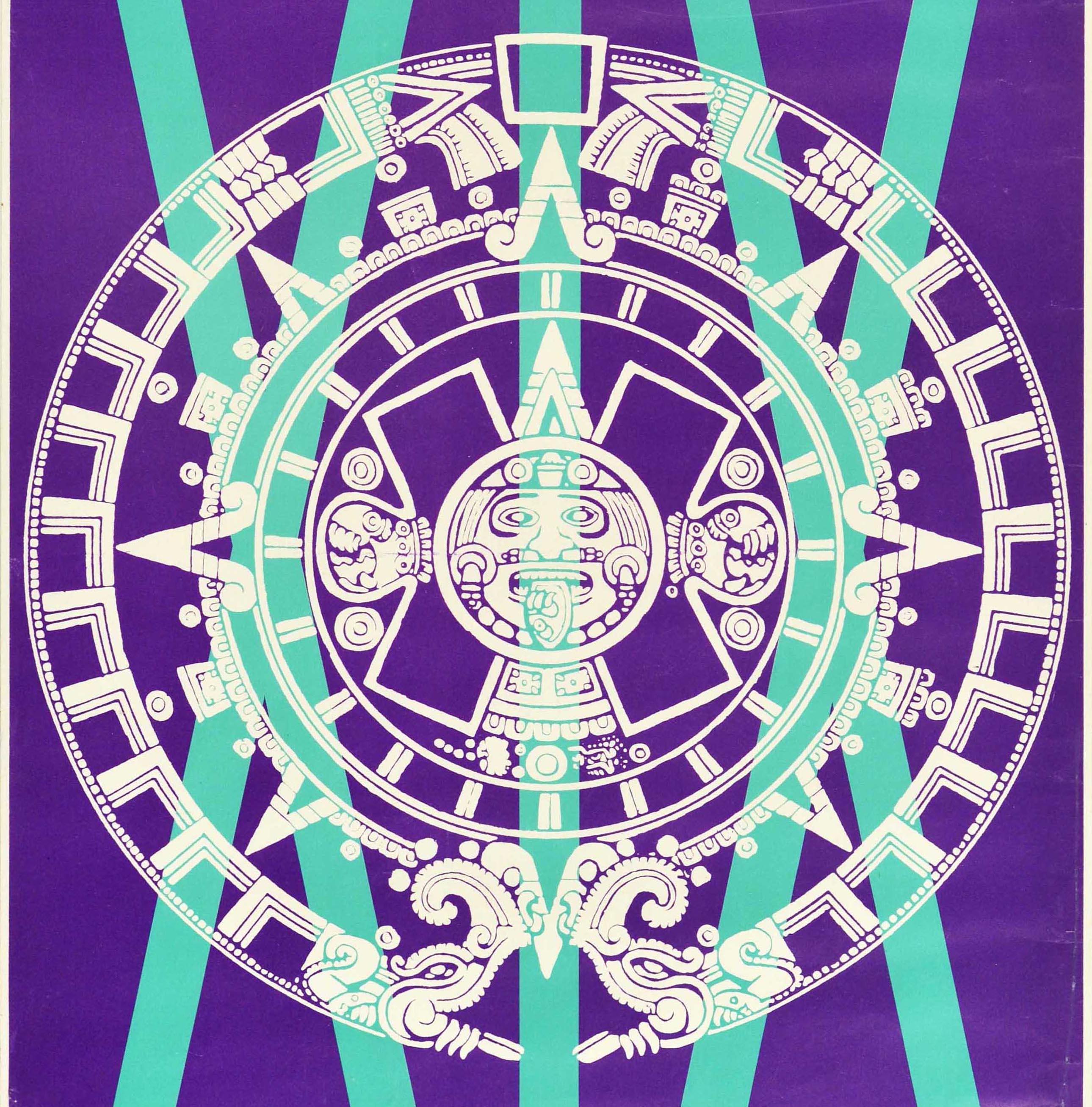 Poster sportivo originale d'epoca Messico Giochi Olimpici 1968 Scultura del sole azteco Arte - Print di Unknown
