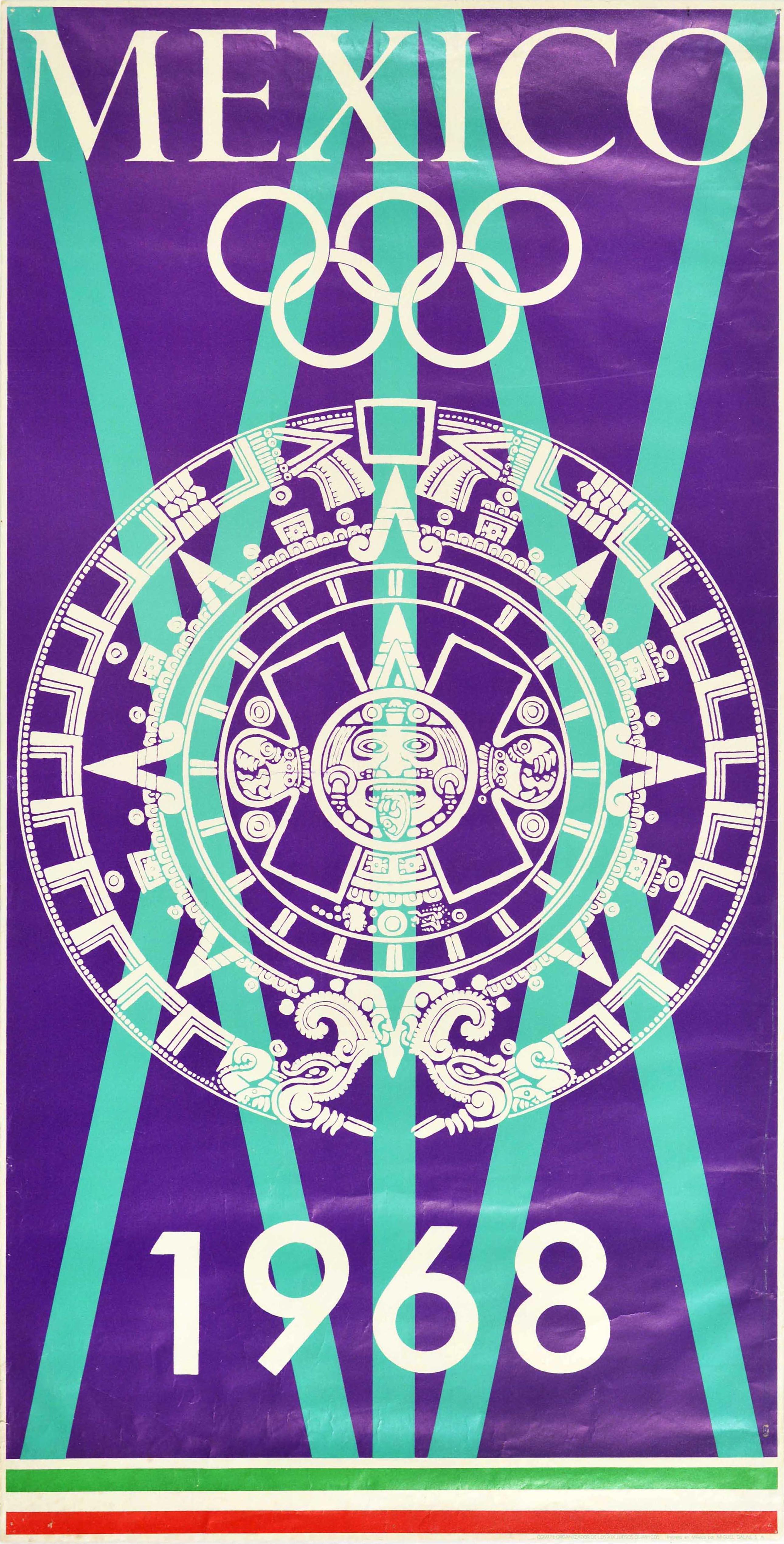 Unknown Print - Original Vintage Sports Poster Mexico Olympic Games 1968 Aztec Sun Sculpture Art