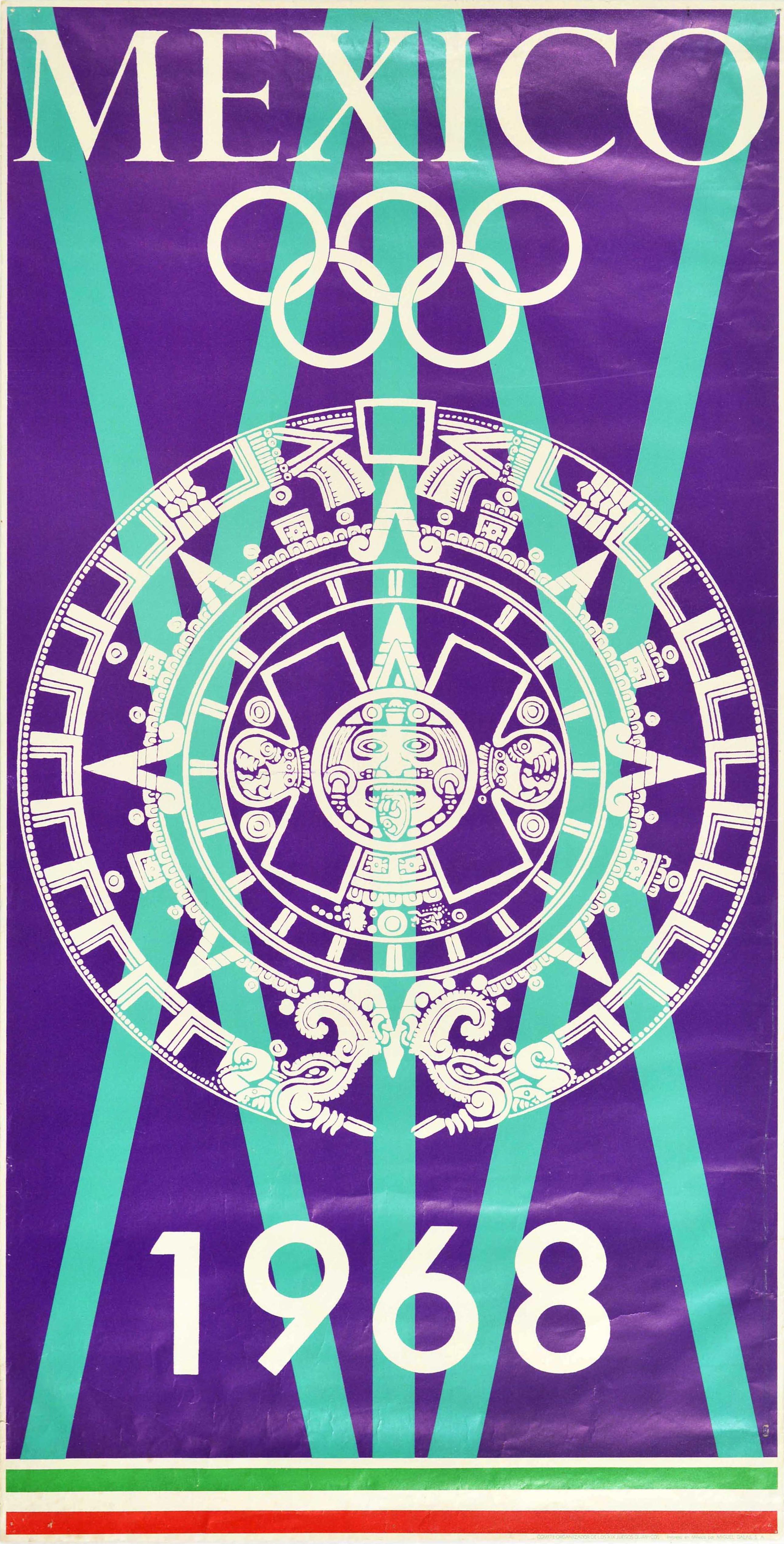 Print di Unknown - Poster sportivo originale d'epoca Messico Giochi Olimpici 1968 Scultura del sole azteco Arte