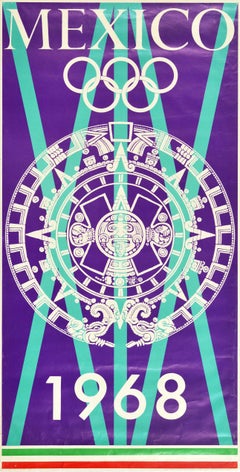 Original Vintage Sports Poster Mexico Olympic Games 1968 Aztec Sun Sculpture Art