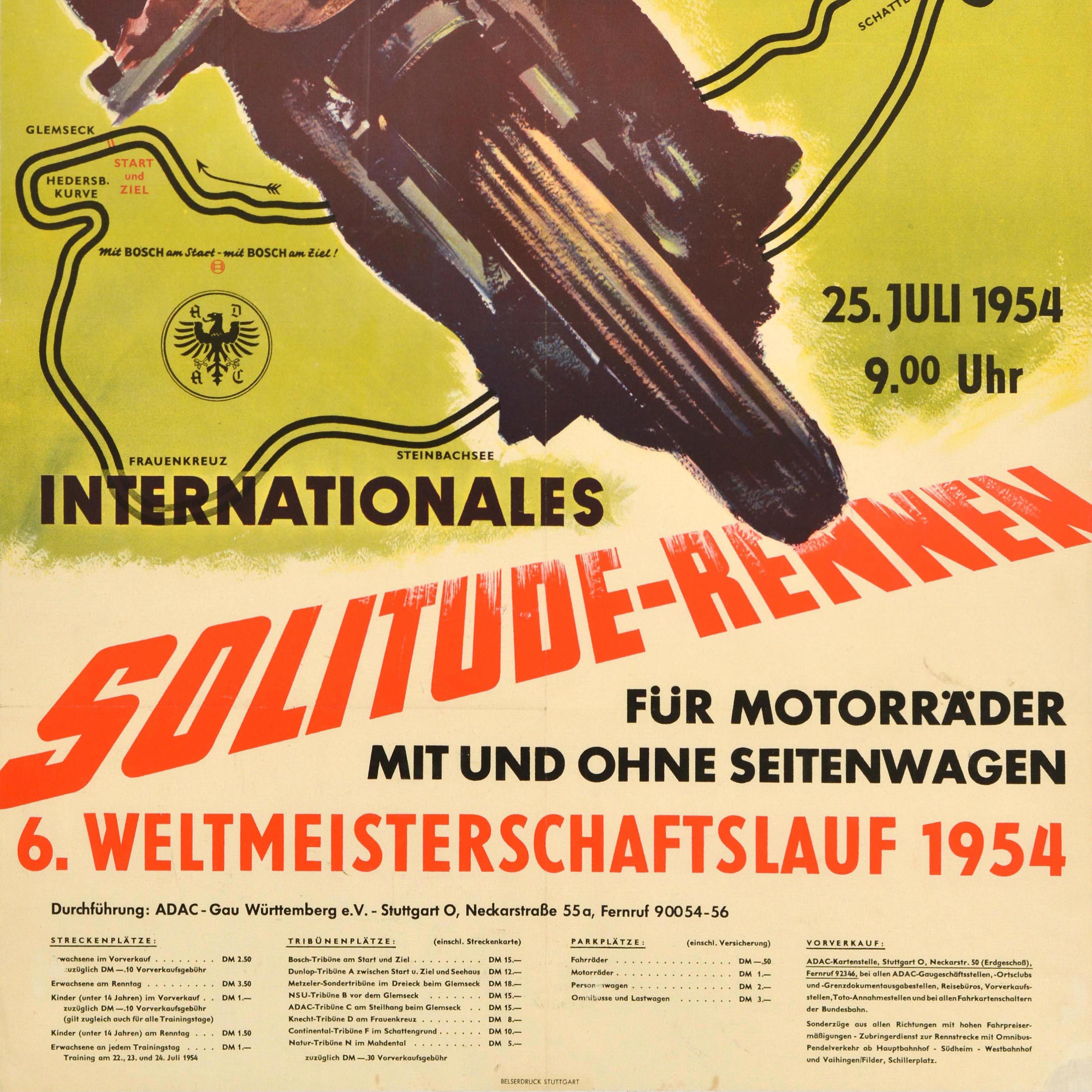 Poster sportivo originale d'epoca per il Gran Premio di Germania all'autodromo di Solitude Gara internazionale per moto con e senza sidecar 6° Campionato del Mondo 25 luglio 1954 / Grosser Preis von Deutschland auf der Solitude Internationales