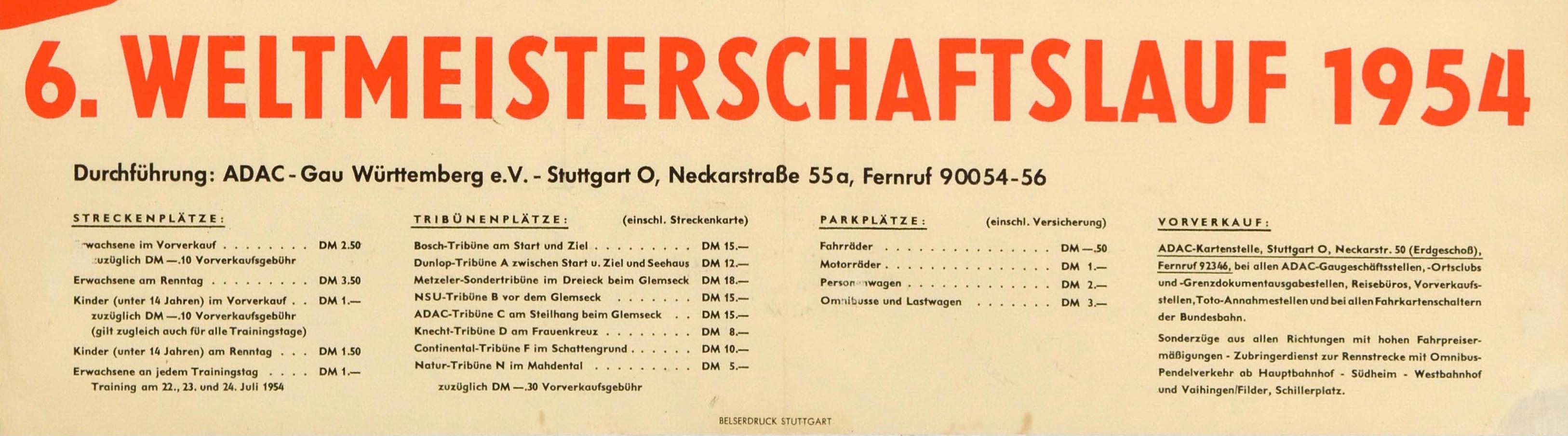 Original vintage sports poster for the German Grand Prix at the Solitude racetrack International race for motorcycles with and without sidecars 6th World Championship 25 July 1954 / Grosser Preis von Deutschland auf der Solitude Internationales