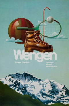 Original Vintage Summer And Winter Sport Travel Poster For Wengen In Switzerland