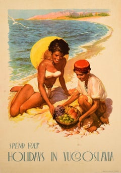 Original Vintage Summer Travel Poster Holidays Yugoslavia Beach Adriatic Sea