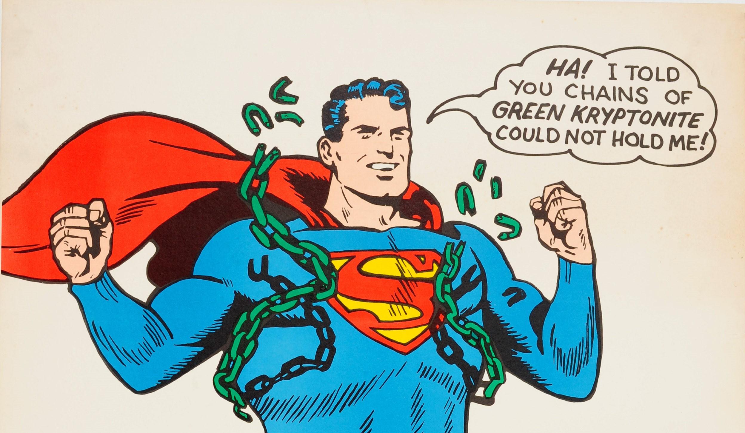 Affiche rétro originale de Superman avec bandes dessinées - Superhero Free From Kryptonite Chains - Print de Unknown