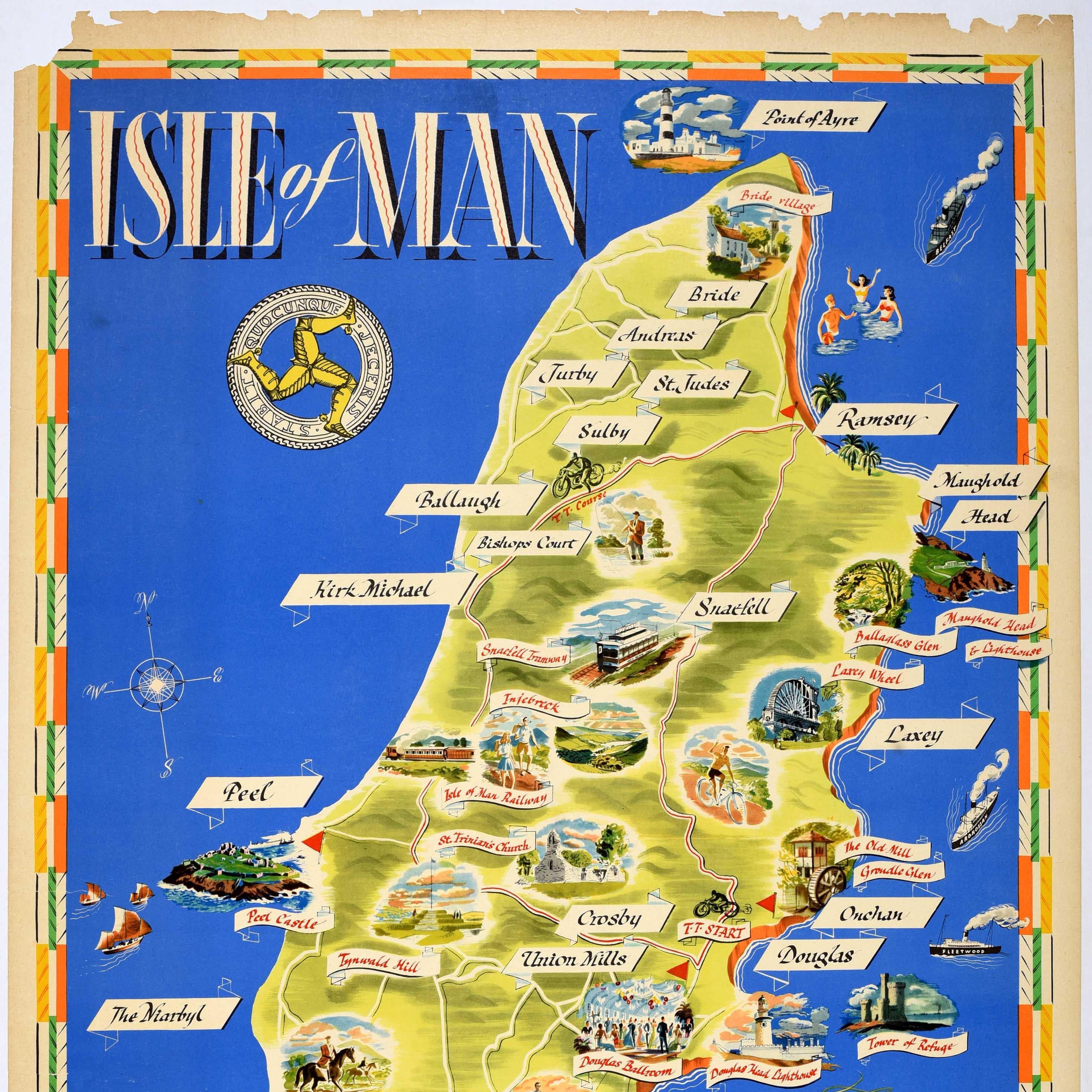 Original vintage travel map poster for the Isle of Man issued by British Railways in conjunction with Isle of Man Publicity Board featuring a pictorial map annotated with names of towns and illustrations of local points of interest including the